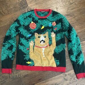 Blizzard Bay Womens Ugly Christmas Sweater Cat In Tree Lights Sequin Fuzzy XL